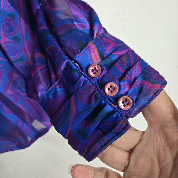 VTG Stuart Lang Blouse Sz 14 Purple Geo Print High Neck Long Sleeve Secretary - Picture 10 of 16